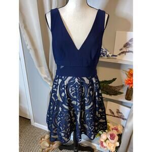 Xscape Women’s Embroidered V-Neck Fit & Flare Dress GUC Navy Blue Nude Lining